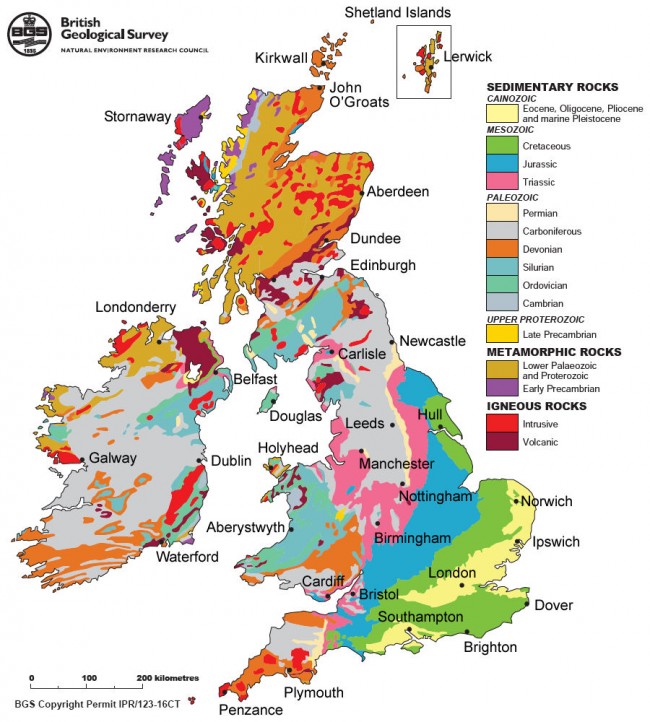 Geological map of the UK and Ireland. IPR/123-16CT British Geological Survey © NERC. All rights reserved.