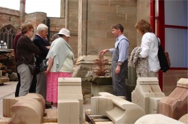 Looking at new and old building stone at Worcester cathedral.