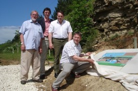 Mark Campbell from Gloucestershire Geology Trust with the managers of Huntsmans Quarry, Gloucestershire.