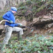 Using compressed air to clean away soil and moss.