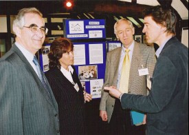 Sir Keith Onions and Liz Lynne MEP talking to Peter Oliver of H&WEHT and Mark Campbell of GGT at the Geopark launch event in Ledbury.